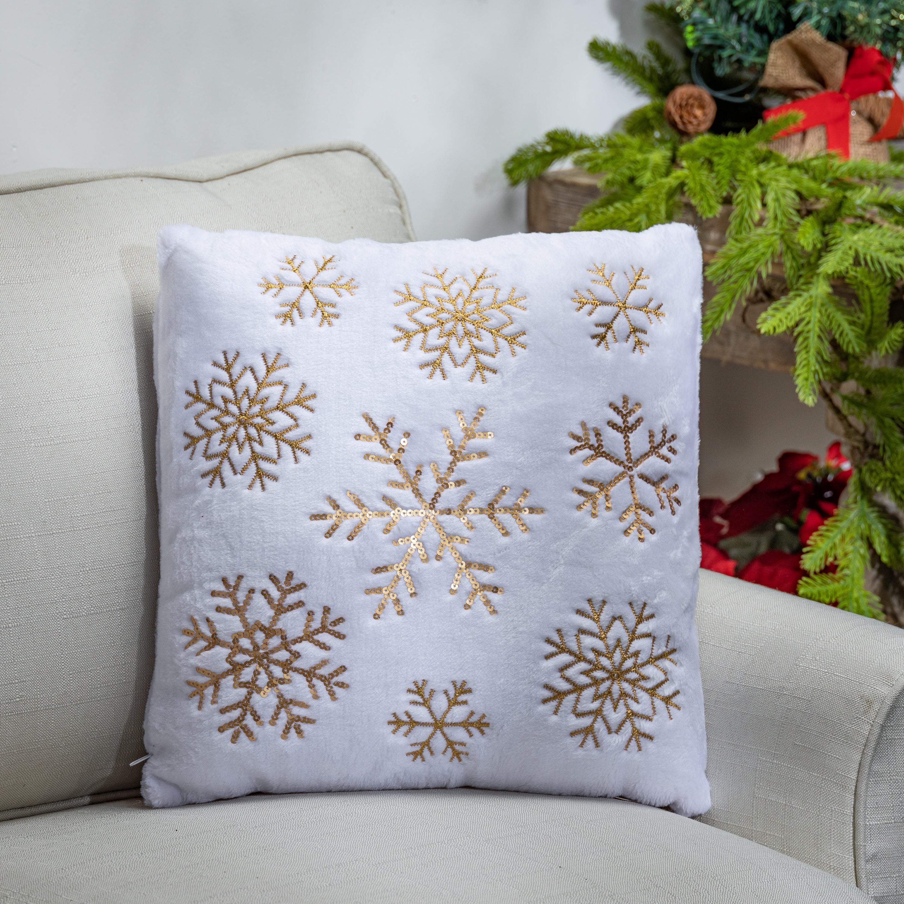 Set of 2 Silver and Gold Snowflake Holiday Throw Pillow Decor